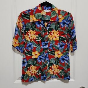 Vtg 90s Sellecca Women's 8 Red 100% Silk Button Up Blouse Hawaiian Tropical
